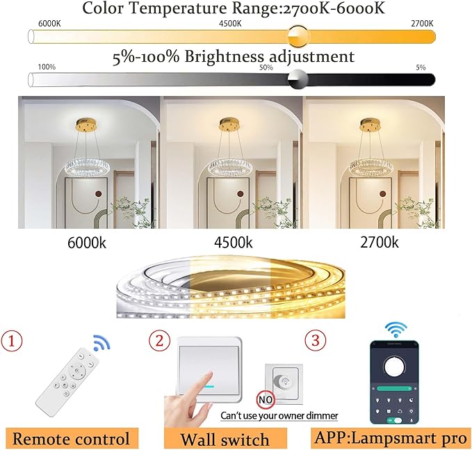 Modern LED Gold Ring Pendant Light 7.8" Dimmable Crystal Chandelier Adjustable Round Crystal Chandelier Light Fixtures for Dining Room Living Room