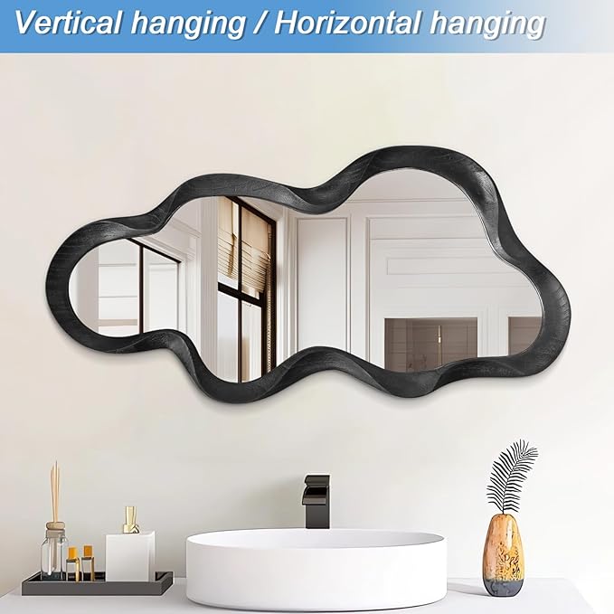Irregular Wooden Framed Wall Mirror Modern Asymmetrical Cloud Hanging Mirror Artistic Mirror Decor Bathroom Vanity Bedroom Living Room Entryway Hallway Large 120x55cm Black