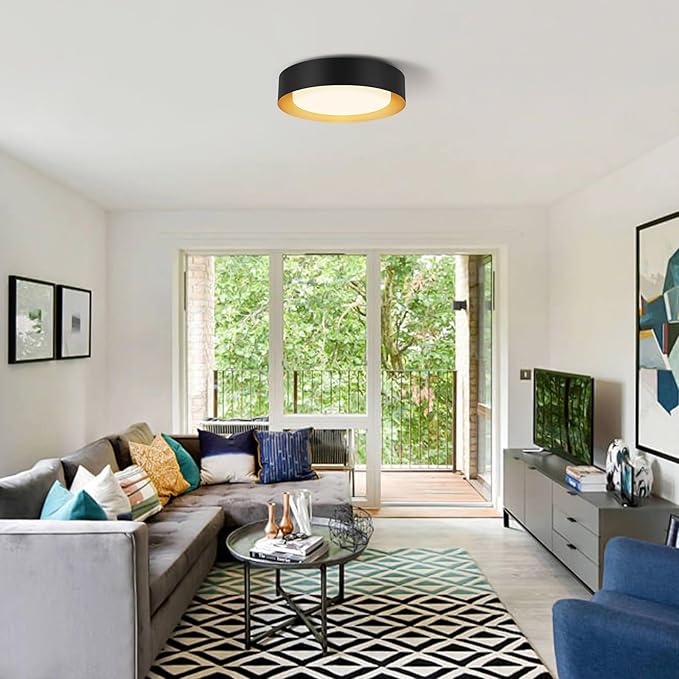 Modern Flush Mount Ceiling Lights,Minimalist 16.5IN Round Close to Ceiling Light Fixtures,Black and Gold Metal Ceiling Lighting Lamp for Living Room,Dining Room,Bedroom,Kitchen