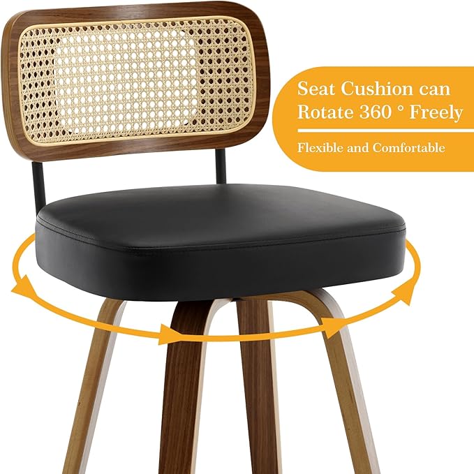 Swivel Counter Height Bar Stools Set of 4, Upholstered Faux Leather Barstools with Rattan Back, 26" Seat Height Bar Chairs for Kitchen Island, Bentwood Wood Frame, Black