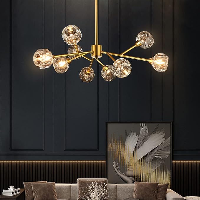 Sputnik Chandeliers for Dining Room Light Fixture Over Table, Modern Crystal Chandeliers, 9 Lights Gold Lighting Fixtures for Living Room Bedroom Kitchen Island