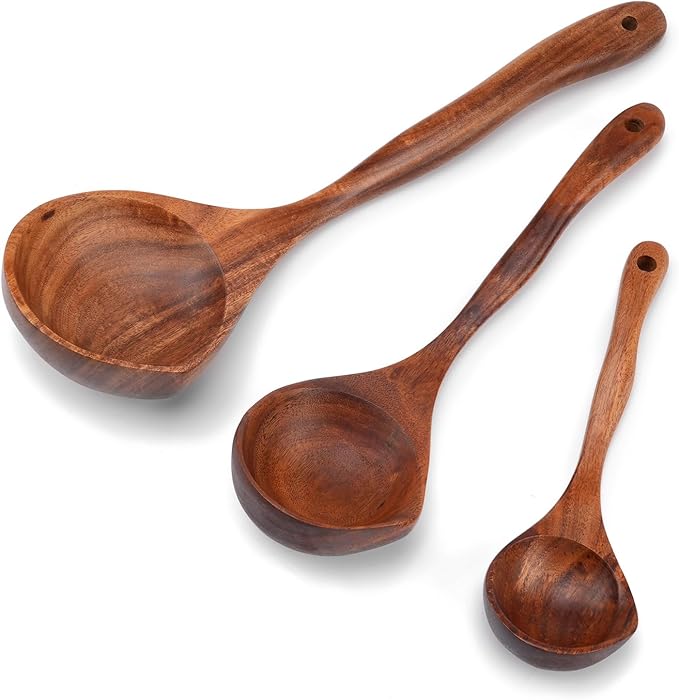 Wooden Ladle Spoon Set, 3 Size Teak Large Soup Ladel Wood Spoons for Cooking Serving Spoon Ladles Wooden Cooking Spoon Long Handle Mixing Spoon Ladle