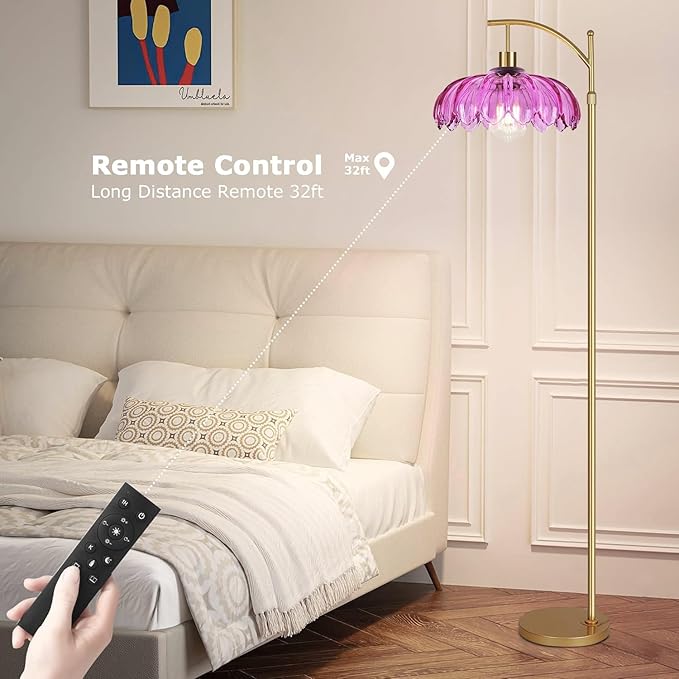 Floor Lamp for Living Room,Bedroom,Gold Dimmable Standing Lamp with Remote,Mid Century Modern Brass Tall Lamp Retro Vintage Purple Glass Lamp Floor Light Boho Bohemian