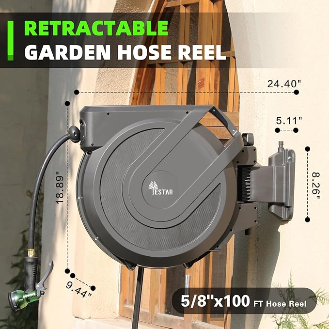 Retractable Garden Hose Reel 1/2" x130 ft, Automatic Hose Reel with 7 Pattern Nozzle, Any Length Lock Wall Mounted &180 Deg Swivel