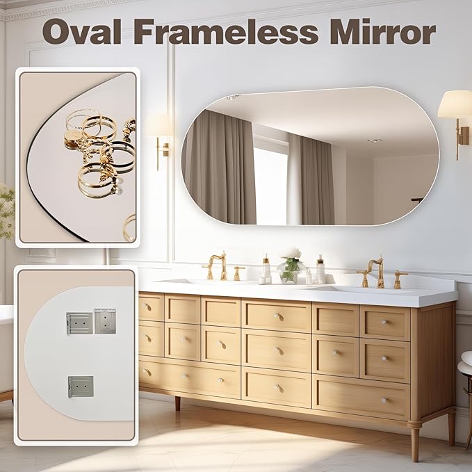 48"x24" Frameless Mirror Wall Mirror, Modern Oval Bathroom Mirror with Polished Edge, Hang Horizontally or Vertically, for Bedroom Bathroom Livingroom Gym Entryway and More