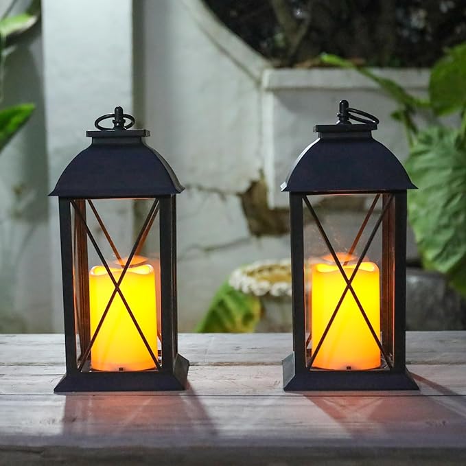 2 Pack 13-Inch Black Decorative Lantern with LED Candle (6hr Timer) - IP65 Waterproof Battery Powered - Outdoor Patio Hanging Lanterns Decorative Tabletop Lanterns