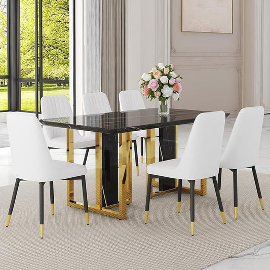 TesNus 63" Black Dining Table Set for 6 with Chairs,Modern Faux Marble Rectangular Kitchen Table and Chairs Set Luxury 7 Piece Dining Room Set with Gold Metal Legs,Easy Assemble,Stable Base