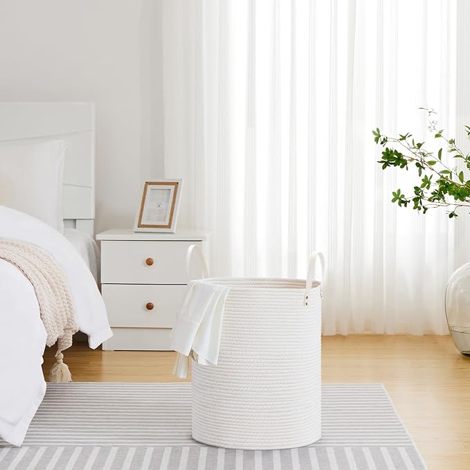 VIPOSCO Tall Laundry Basket, Large Dirty Clothes Hamper with Leather Handle, Woven Rope Storage Basket for Blanket, Toy In Living Room, Bathroom, Bedroom - 53L White