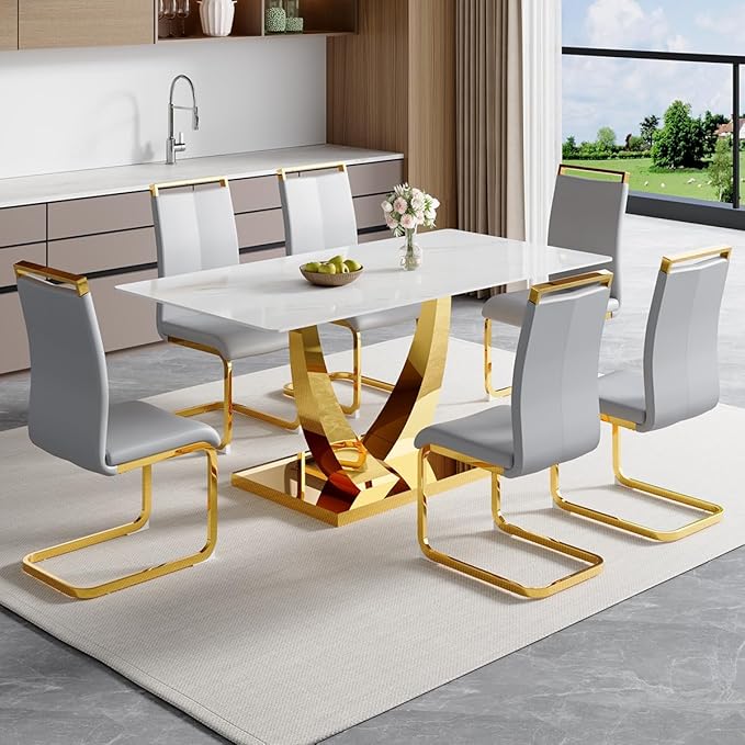 63” Dining Room Table Set for 6,Modern Gold Dining Table Set for 6, Rectangle Kitchen Table Set with Leather Chairs,White Faux Marble Dinner Table Set with Tempered Glass Top and Golden Base