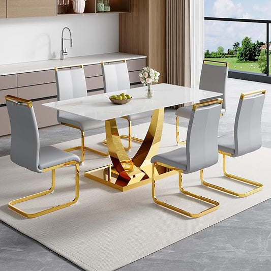 63” Dining Room Table Set for 6,Modern Gold Dining Table Set for 6, Rectangle Kitchen Table Set with Leather Chairs,White Faux Marble Dinner Table Set with Tempered Glass Top and Golden Base