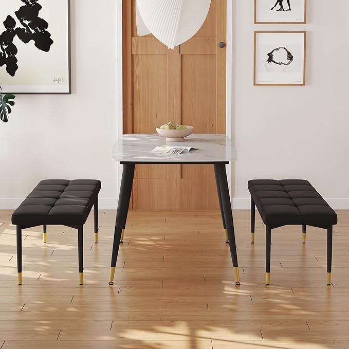 Modern Dining Table Set for 4 Marble Kitchen Table Set with 2 Upholstered Benches 3-Piece Dining Room Sintered Stone Table and Bench Set for Breakfast Nook, Apartment(50" White Table+2Benches)