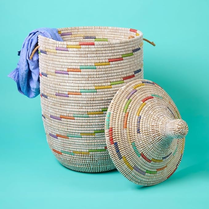 Basket for Decor, Organizing, Storage - Living Room Blankets, Nursery Toys, Laundry, Towels, Pillows, Comforter, Cushion - Wicker, Woven, Round, Lid and Handles, Colors on White, Tall, Large