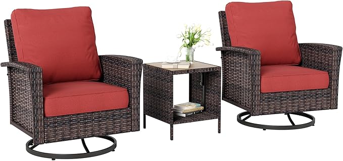 Oversized Patio Wicker Chairs, High Back Outdoor Swivel Chairs Set of 2 with Rattan Side Table, 5.5" Thick Cushions, 3-Piece Patio Furniture Sets for Deck Porch Pool, Brown/Red