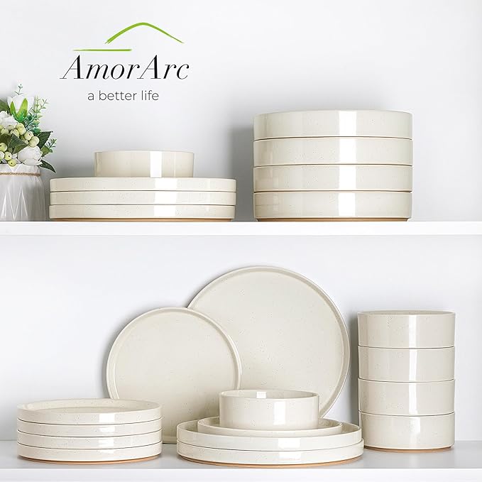 AmorArc Ceramic Dinnerware Set for 4 | Speckled Stoneware Plates and Bowls with unglazed terracotta | Scratch Resistant, Dishwasher & Microwave Safe Dishes Sets- 12-Pcs Beige