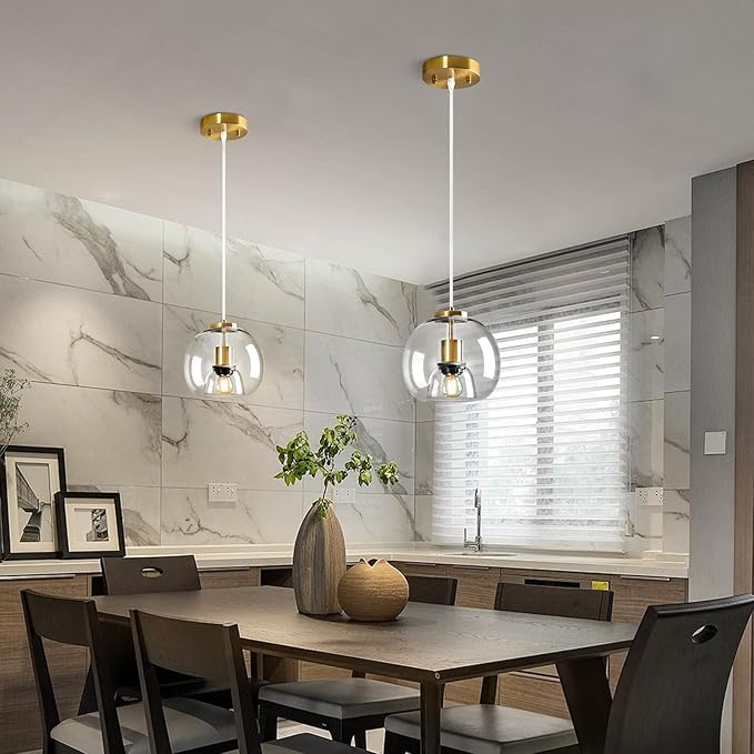 Clear Glass Pendant Lights Kitchen Island 3 Pack 7.87" Glass Globe Pendant Light Gold Hanging Light Fixture Modern Pendant Lighting for Kitchen Island Bedroom Dining Room