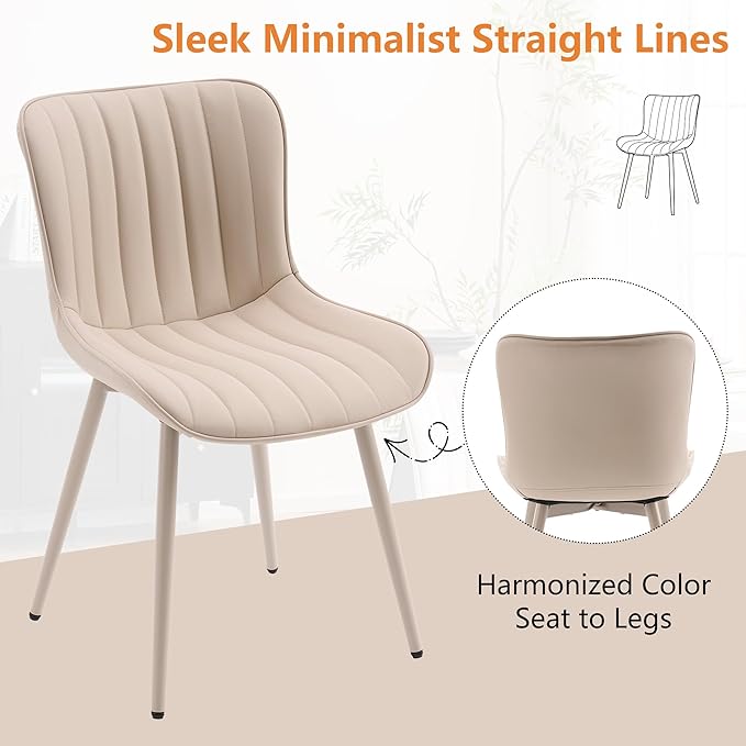 YOUNUOKE Mid-Century Modern Dining Chairs Set of 2, Cream PU Leather Upholstered Kitchen Chairs with Cream Metal Legs, Armless Accent Chair for Dining Room, Guest Reception Room