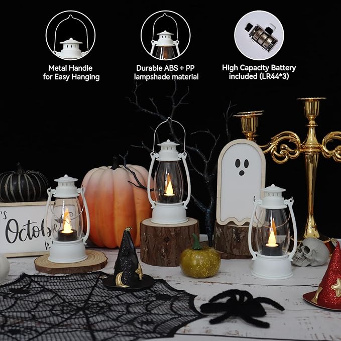 White Mini Lanterns Decorative 6-Pcs for Winter Christmas Wedding & Halloween, Small Elegant Lantern with LED Light for Western Cowboy, Camping Baby Shower Birthday Party, Centerpiece Table