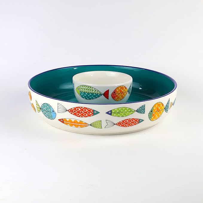 Euro Ceramica FreshCatch Collection Chip and Dip Serving Set (2 Bowls) - Indoor/Outdoor Use - Colorful Cute Fish Pattern on White (FRC-86-3918)