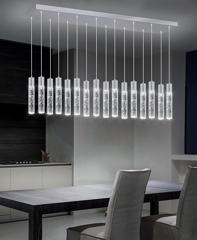 16-Lights Modern Crystal Rectangular Chandeliers LED Pendant Light for Kitchen Island High Ceiling Chandelier for Dining Room Entrance Foyer Living Room Silver