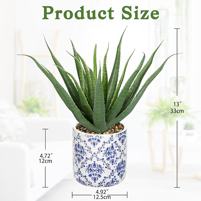Briful Agave Plants Artificial Succulents Fake Plant in Blue Vase, 9'' Tall Realistic Faux Aloe Vera for Home Decor Indoor Centerpiece Table Kitchen
