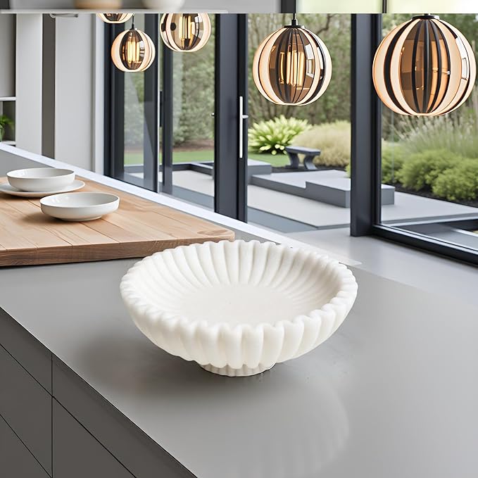 12" Large Decorative Bowl decor , Scalloped Pedestal Bowls for Modern Home Decor,Ruffle Decor,Stylish Key Bowl for Entry Table,Decorative Fruit Bowl for Kitchen Counter,Artificial Stone Milky white