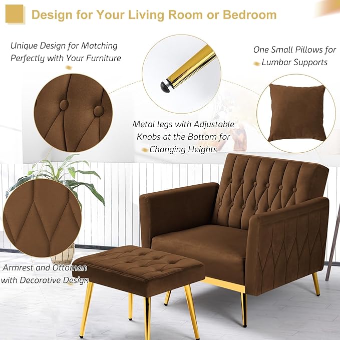 Velvet Accent Chair with Adjustable Armrests and Backrest, Button Tufted Lounge Chair, Single Recliner Armchair with Ottoman and Pillow for Living Room, Bedroom, Brown