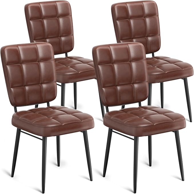 Leather Dining Chairs Set of 4, Upholstered Dining Room Kitchen Chairs with Thick Cushion, High Backrest, Metal Legs, Mid Century Modern Side Chair for Home Living Room Cafe Restaurant, Brown