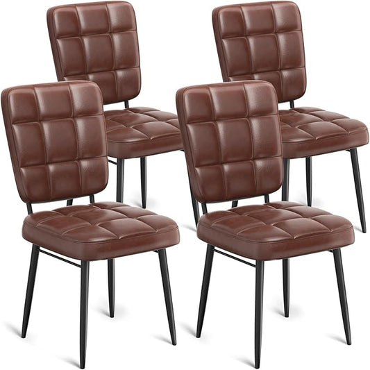 Leather Dining Chairs Set of 4, Upholstered Dining Room Kitchen Chairs with Thick Cushion, High Backrest, Metal Legs, Mid Century Modern Side Chair for Home Living Room Cafe Restaurant, Brown