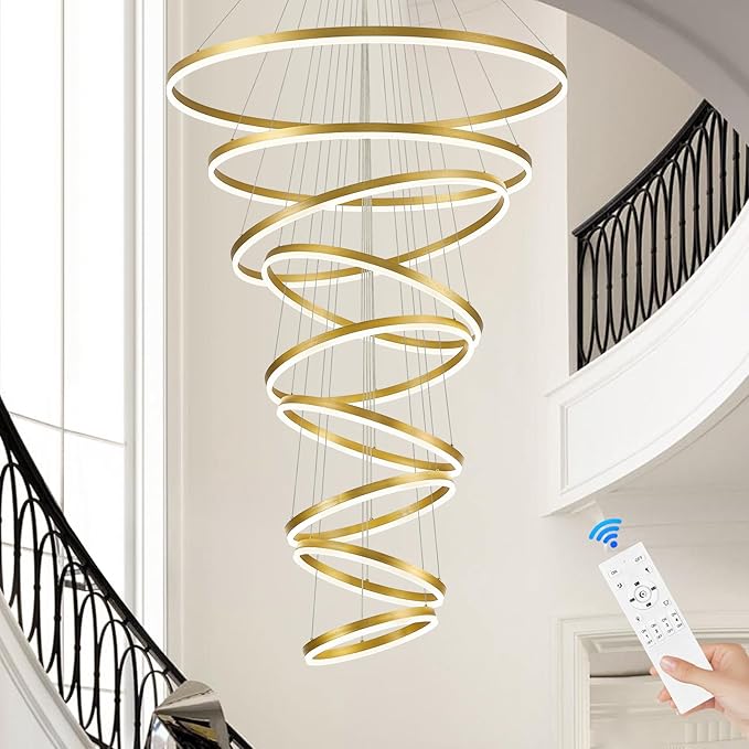 9-Rings D39.4’’ Modern LED Chandelier Gold Dimmable Foyer Chandeliers Entryway High Ceiling Chandelier with Remote Control for Staircase Entryway Living Room Foyer, 3000K-6500K