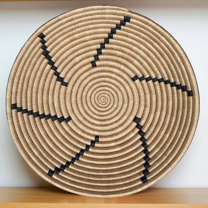 Handwoven African Basket Handmade sisal Fruit Bowl Wall Hanging decorative Baskets for Home Living Room Kitchen Centerpiece Zen Designs Arts and Crafts (Tan Black, 8in diameter)