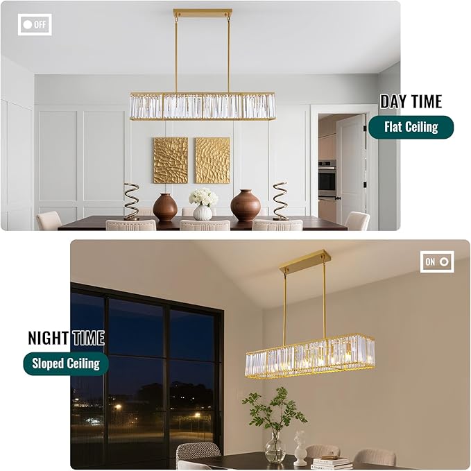 Siljoy 7 Ligts Modern Crystal Chandelier Luxury Gold Rectangular Crystal Chandelier Farmhouse Rectangle Linear Pendant Ceiling Light Fixture for Living Dining Room Kitchen Island L47'' x W10'' x H10''