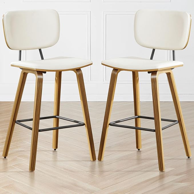 Counter Height Bar Stools Set of 2, PU Leather Upholstered Barstools with Backs, Bent Wood Legs, 26 Inch Seat Height, Mid Century Modern Counter Stools for Kitchen Island, Cream White