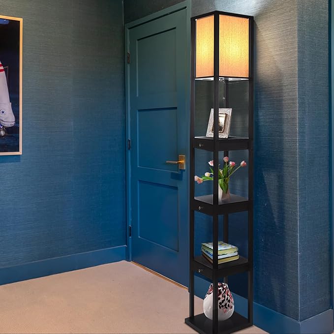 Brightech Maxwell Drawer Edition - Modern Shelf Floor Lamp with Drawer - Corner Display Floor Lamps with Shelves for Living Room, Bedroom and Office - Black