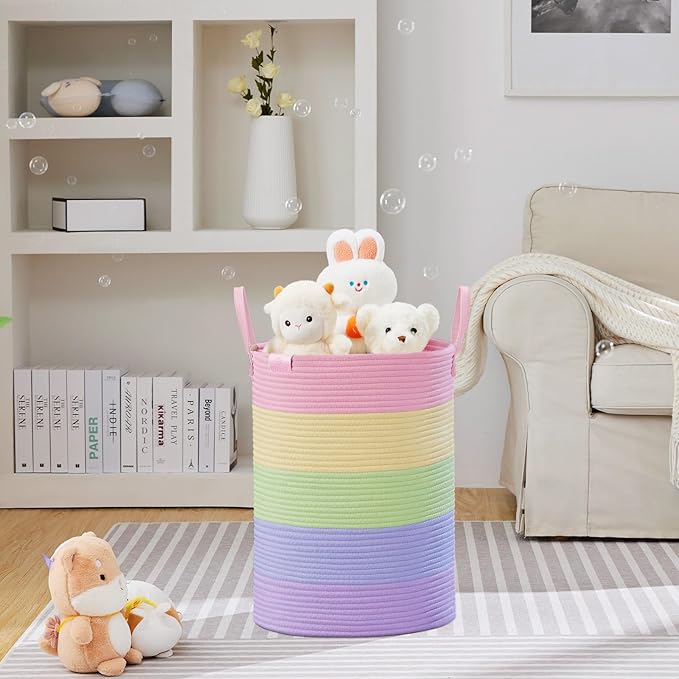 VIPOSCO Tall Laundry Basket, Large Dirty Clothes Hamper with Leather Handle, Woven Rope Storage Basket for Blanket, Toy In Living Room, Bathroom, Bedroom - 72L Rainbow