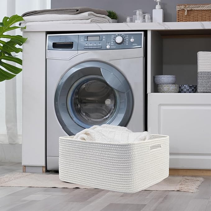 COMFY-HOMI 3 pcs Large Storage Baskets for Shelves, Laundry Basket, Woven Rope Basket, Closet Organizer Bins for Clothes Blanket Towels, Baby Nursery, Gift Toy Baskets, 17” x 13” x 7.5”-White