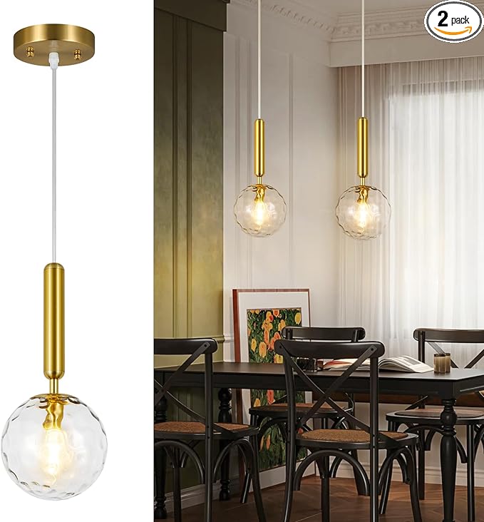 Modern Gold Pendant Light Hanging Fixture Light for Kitchen Island Mid Century with Globe Pendant Light Clear Glass Pendant Lighting for Living Room Bedroom Entryway (2 Pack)