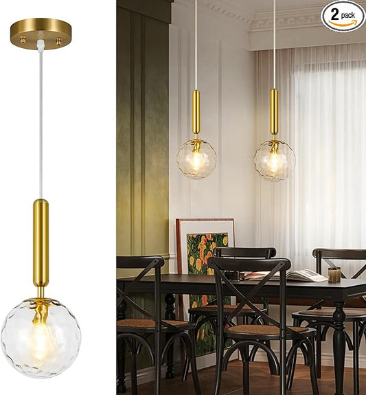 Modern Gold Pendant Light Hanging Fixture Light for Kitchen Island Mid Century with Globe Pendant Light Clear Glass Pendant Lighting for Living Room Bedroom Entryway (2 Pack)