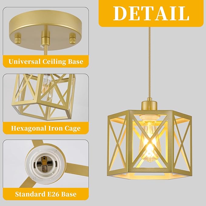 2 Pack Gold Pendant Lights, Modern Farmhouse Hanging Light Fixture with Hexagonal Cage, Vintage Brass Metal Ceiling Lights, Adjustable Lantern Pendant Lighting for Kitchen Island Sink Hallway