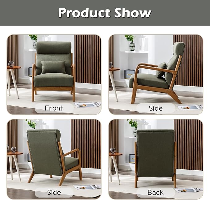INZOY Mid Century Modern Accent Chair Set of 2, High Back Reading Armchair with Wood Frame, Upholstered Living Room Chairs with Waist Cushion, Single Lounge Arm Chair for Bedroom Sunroom, Green