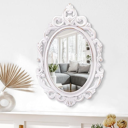 Oval Wooden Mirrors with Frame White Vintage Wall MirrorArendahl Traditional Carved Baroque Style Hanging Mirror for Wall Antique Decorative Mirror for Vanity Bedroom Living Room Bathroom Entryway