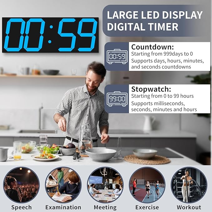 18.7in Large Digital Wall Clock,LED Digital Clock with Big Number,Multi-Function Remote Controlled Wall Clock with Timer, Alarm and Calendar Display(Blue)