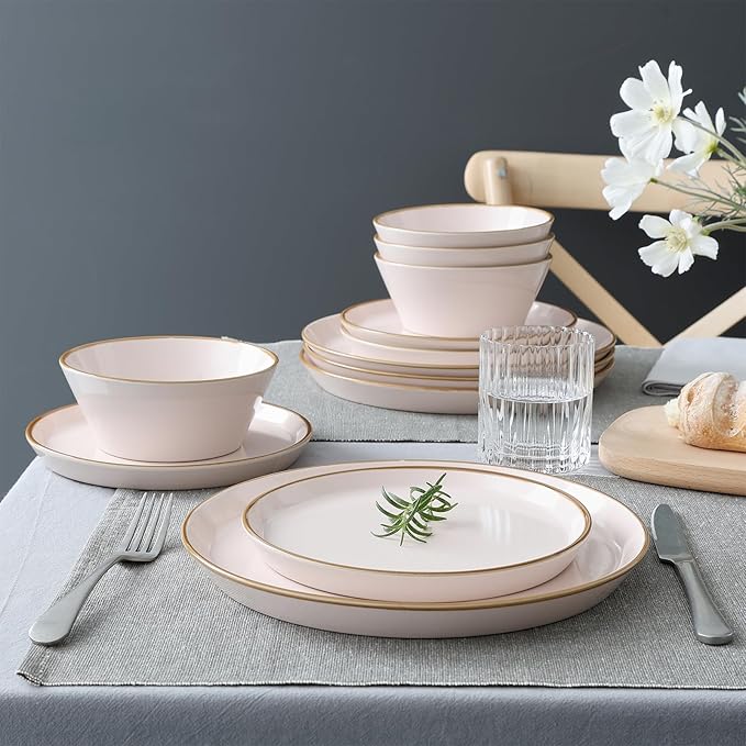 Famiware Saturn Dinnerware Sets, Plates and Bowls Sets for 4, 12 Pieces Stoneware Dish Set - Chip and Scratch Resistant, Microwave and Dishwasher Safe Tableware Set, Light Pink with Rim