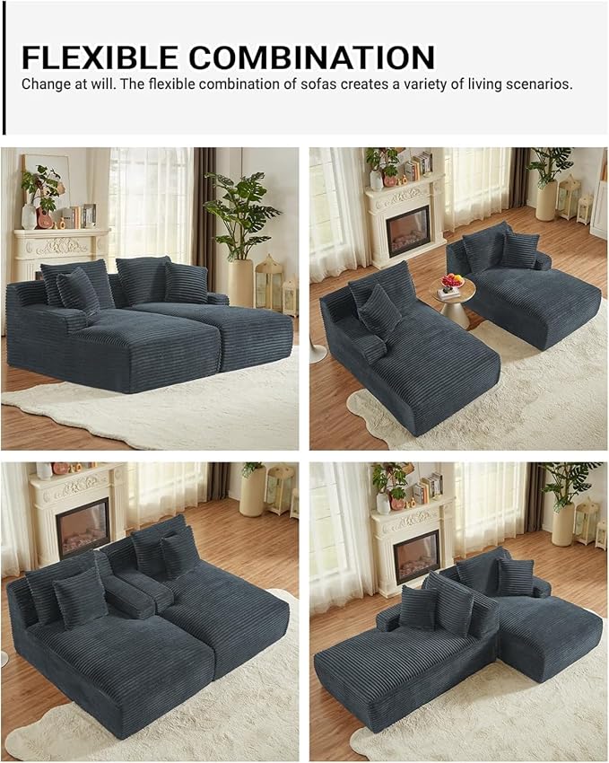 Oversized Double Chaise Lounge, Corduroy Boneless Couch, Modern Oversized Chaise Lounge, Upholstered Sleeper Sectional Sofa Daybed with Throw Pillows and Armrest for Living Room, Dark Grey