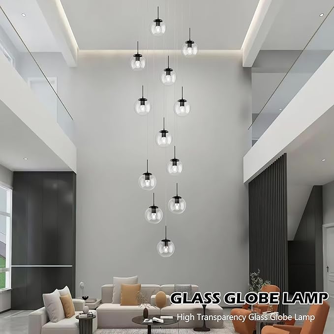 KoKo&Yukina 12-Light Black Mid Century Modern Chandelier for Living Room Staircase Chandelier for Entryway Clear Globe Glass Chandelier High Ceiling Chandeliers Foyer Entryway (Bulb & Remote Incl.)