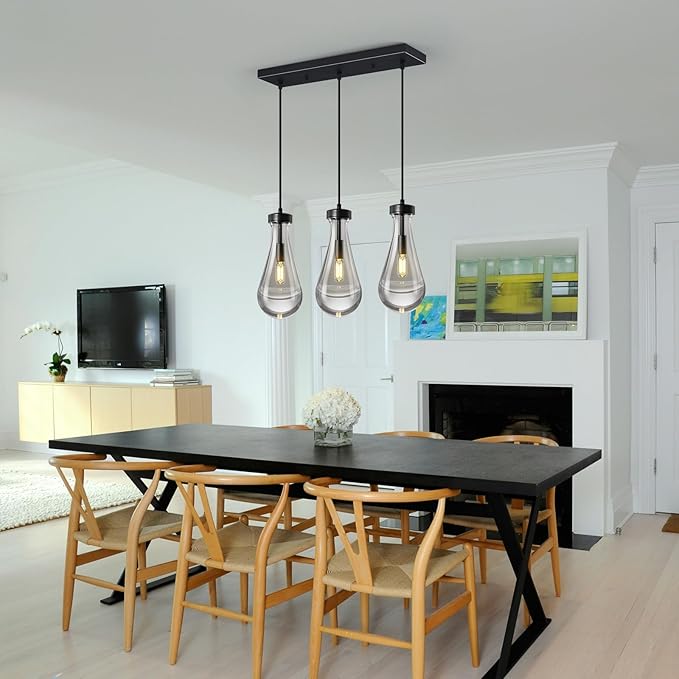 Raindrop Pendant Lights Kitchen Island Teardrop Black Hanging Light Fixtures Clear Solid Glass Pendant Light Modern Chandeliers for Dining Room Porch Corridor Living Room(Long Plate-3 Lights)