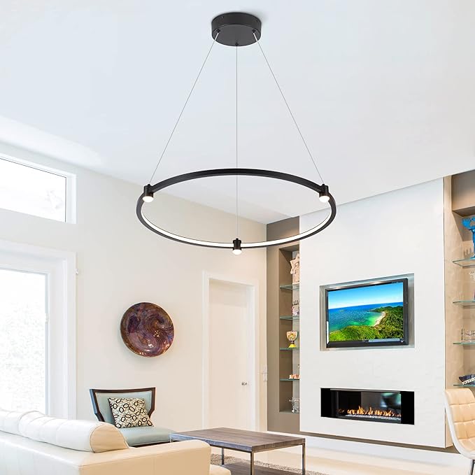 Modern Led Pendant Light Fixture Modern Led Chandelier Dimmable 23.6" Black 1 Circular Ring Hanging Pendant Lighting Fixture for Living Room Dining Room Kitchen Office Foyer 3000K 4000K 6000K