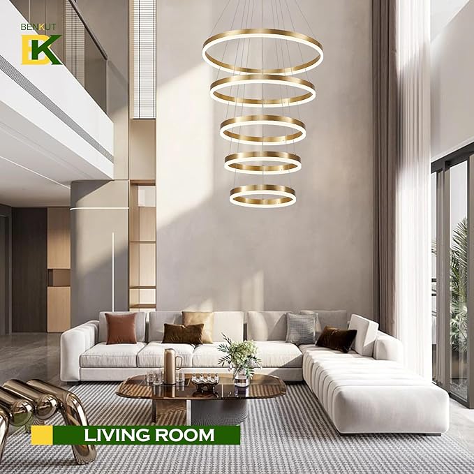 5-Rings Modern LED Chandelier Gold High Ceiling Chandelier with Remote Control Dimmable Pendant Lighting for Dining Room Foyer Living Room Entryway Staircase(3000K-6500K, D23.6’’)