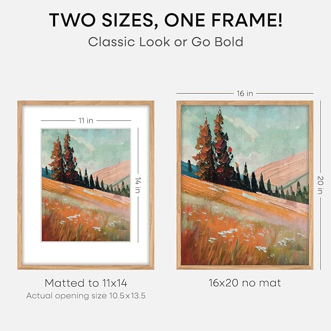Homeforia 16x20 Wooden Frame, High End Natural Oak 16x20 Light Wood Picture Frame with Mat 11x14, 16 by 20 Poster Frames Matted to 11 x 14 Photo, 20by16 Thin Frames, Tempered Glass, Wall Kit, Set of 1