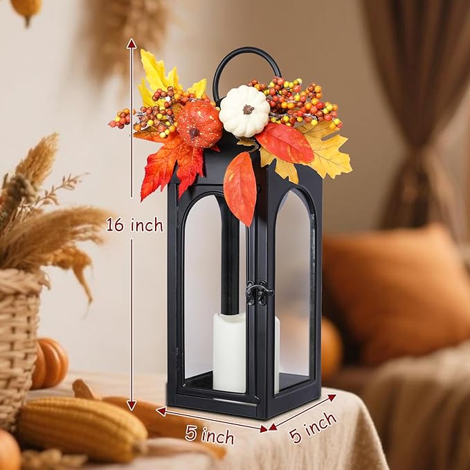 BDOR 2 Pack Fall Lanterns Decor with LED Candle – 16" Stainless Steel & Tempered Glass Lanterns with Harvest Pumpkin Maple Leaf – Premium Thanksgiving Centerpiece for Indoor Outdoor Use