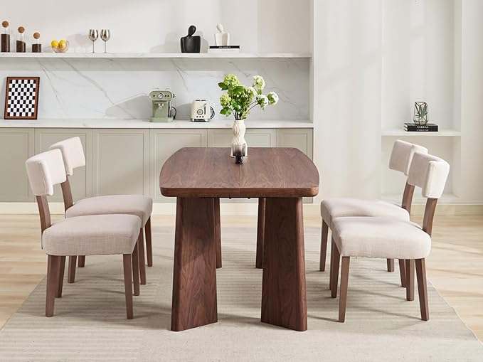 Wooden Dining Table Set of 4, Farmhouse Rectangular Dining Room Table with 4 Upholstered Beige Dining Room Chairs, Natural Frame, Modern Walnut Kitchen Table and Linen Chairs Set for Home